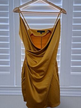 Dynamite Mustard Draped Cowl Mini Dress